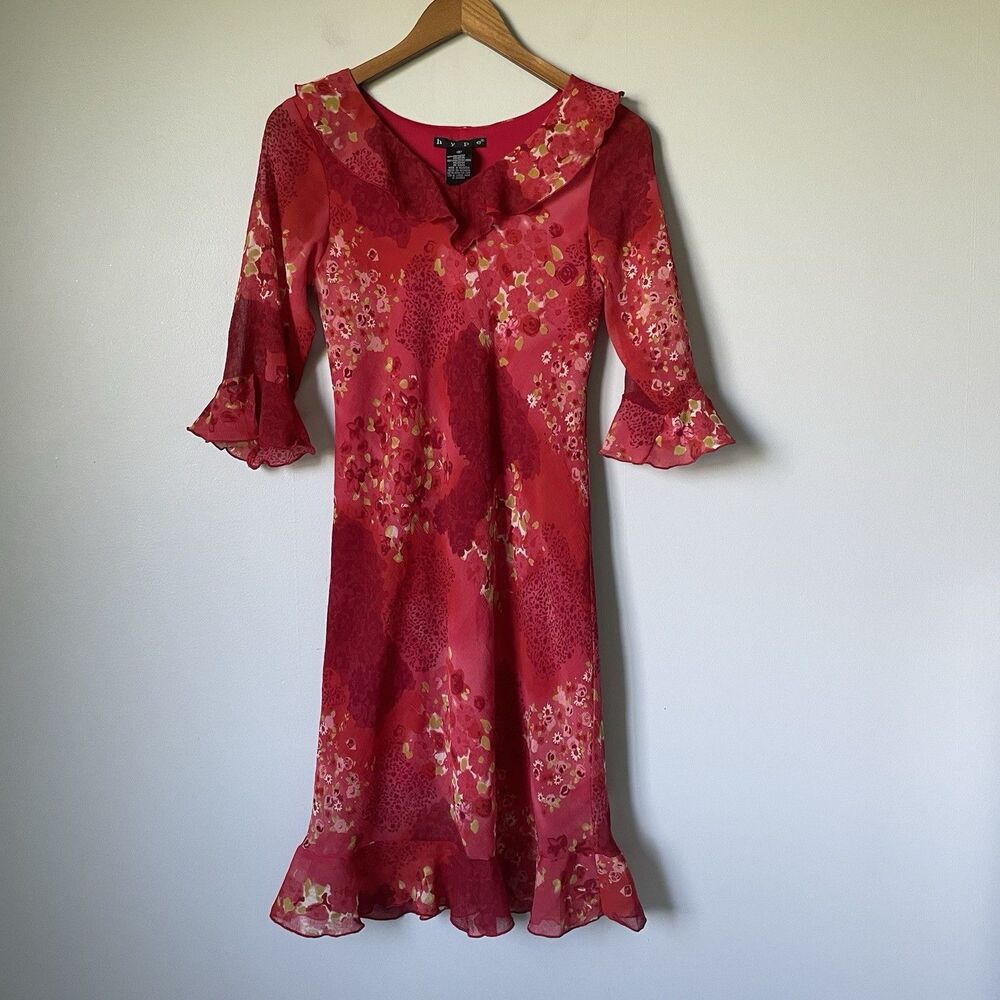 Hype Vintage y2k 2000's Floral Print Midi Dress 3/4 Sleeve Red Girls Size 16